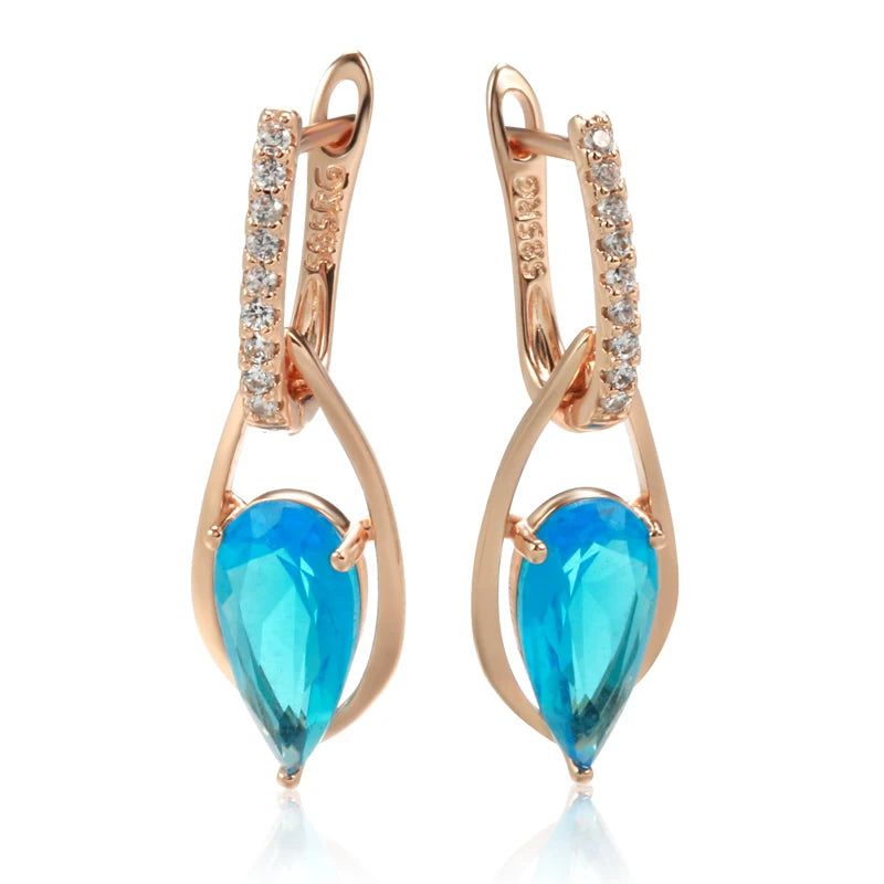 Graceful Rose Gold Plated Long Drop Earrings with Blue Natural Zircon