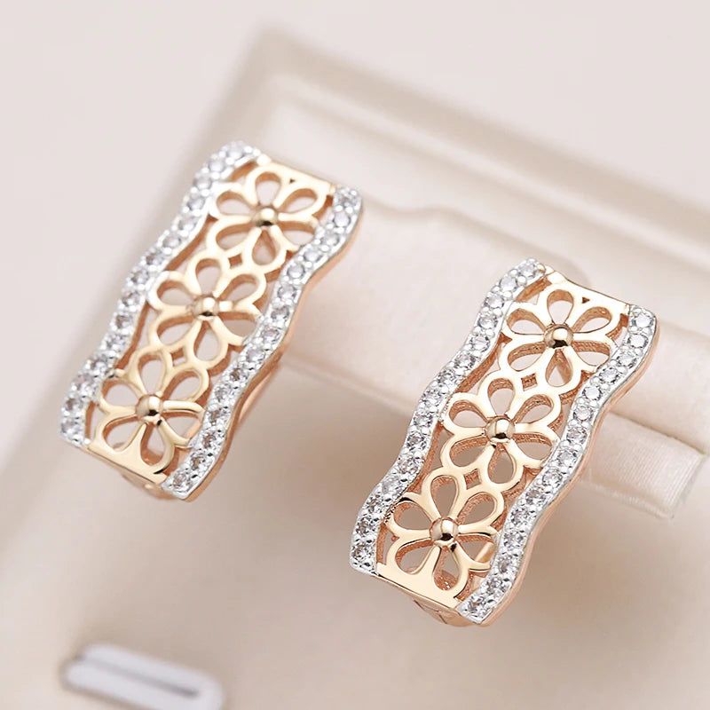 Graceful Rose Gold Square Crystal Flower Drop Earrings with Natural Zircon