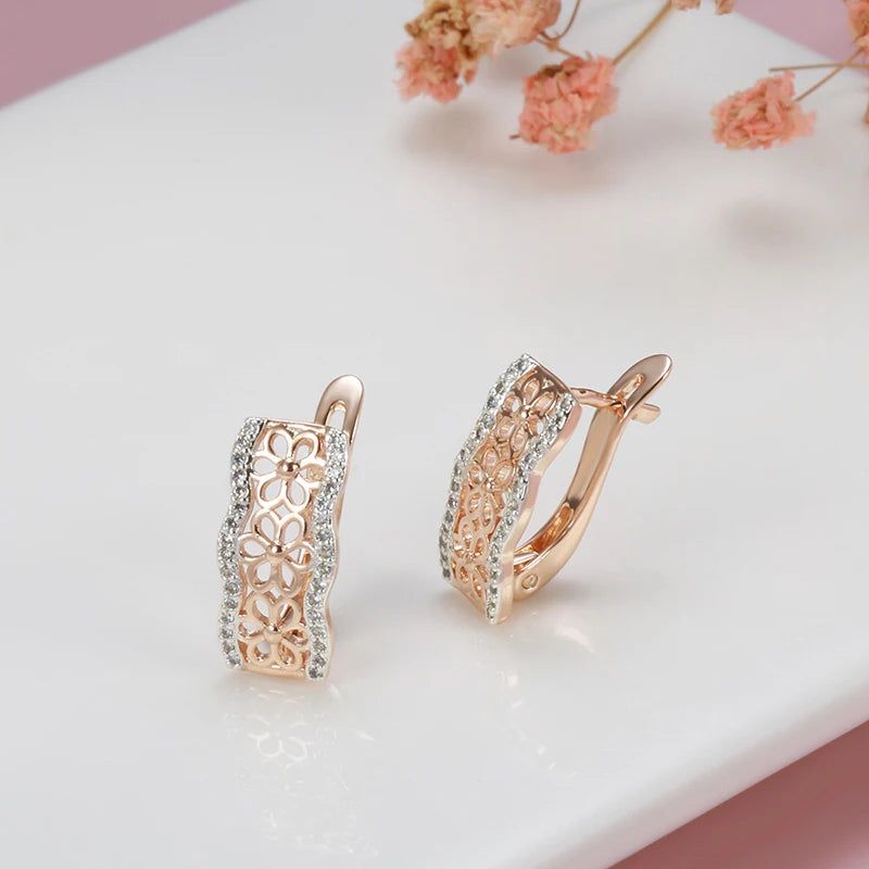 Graceful Rose Gold Square Crystal Flower Drop Earrings with Natural Zircon