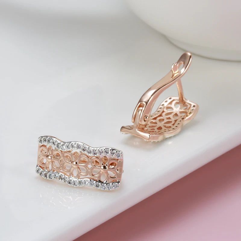 Graceful Rose Gold Square Crystal Flower Drop Earrings with Natural Zircon