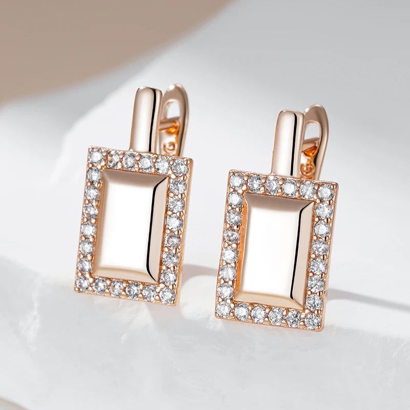 Graceful Rose Gold Square Dangle Earrings with Natural Zircon - Trendy Fashion Jewelry