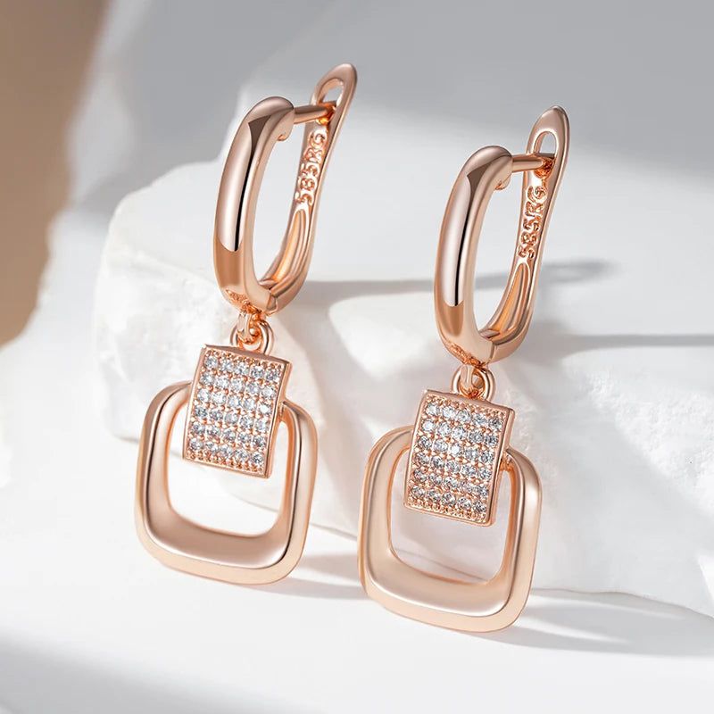 Graceful Rose Gold Square Long Earrings with Shiny Zircon - Trendy Jewelry Accessory