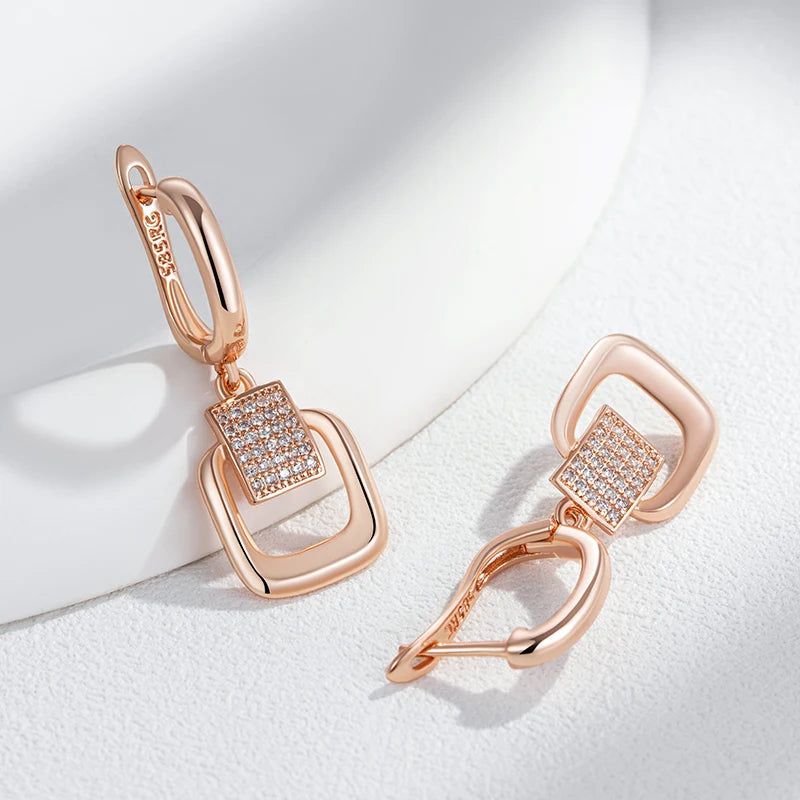 Graceful Rose Gold Square Long Earrings with Shiny Zircon - Trendy Jewelry Accessory