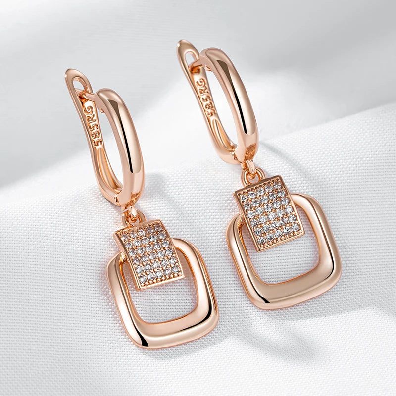 Graceful Rose Gold Square Long Earrings with Shiny Zircon - Trendy Jewelry Accessory