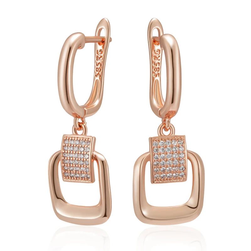 Graceful Rose Gold Square Long Earrings with Shiny Zircon - Trendy Jewelry Accessory