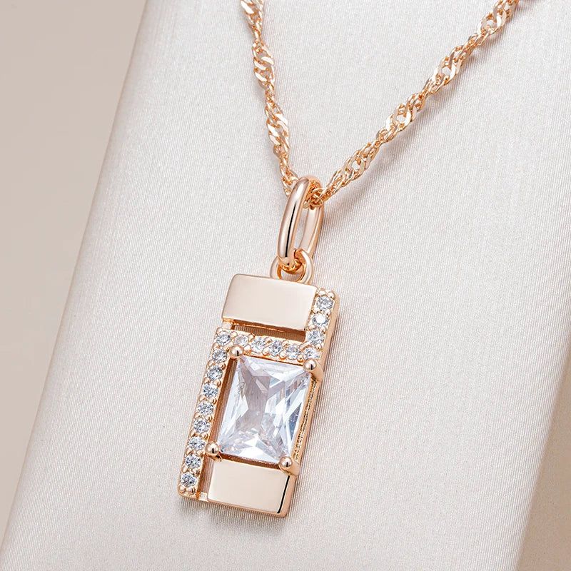 Graceful Rose Gold Square Pendant Necklace with Natural Zircon Accents