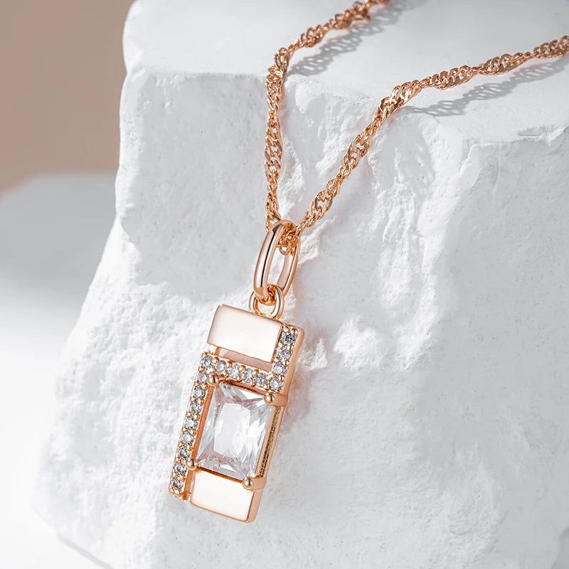 Graceful Rose Gold Square Pendant Necklace with Natural Zircon Accents