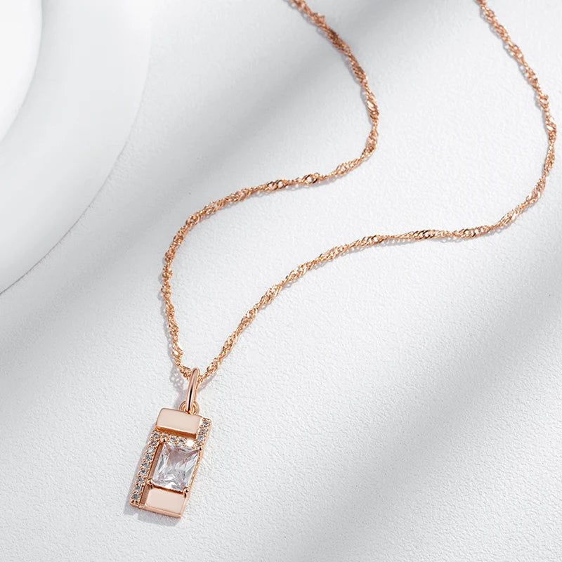 Graceful Rose Gold Square Pendant Necklace with Natural Zircon Accents