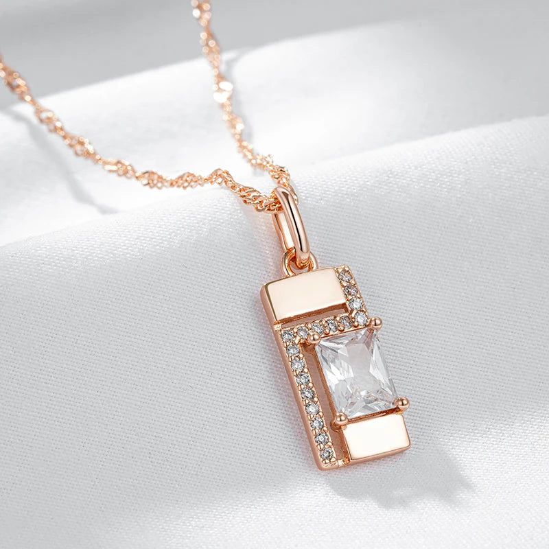 Graceful Rose Gold Square Pendant Necklace with Natural Zircon Accents