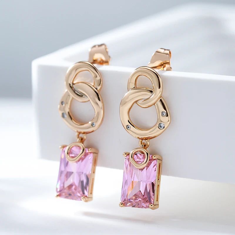 Graceful Rose Gold Square Pink Zircon Dangle Earrings for Special Occasions