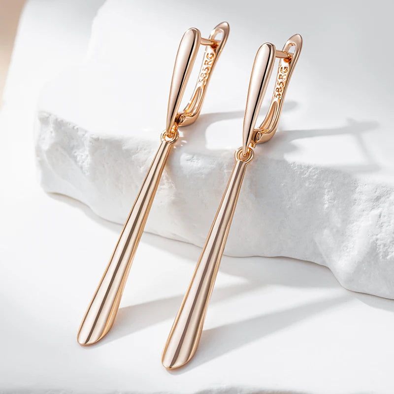 Graceful Rose Gold Tapered Long Dangle Earrings - High-Quality Glossy Jewelry