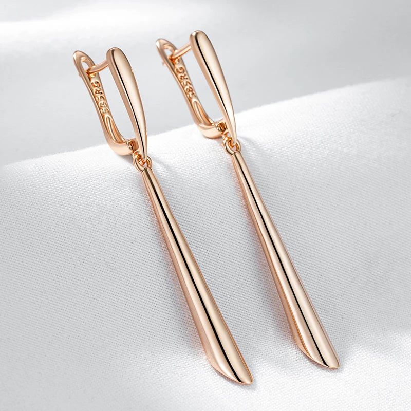 Graceful Rose Gold Tapered Long Dangle Earrings - High-Quality Glossy Jewelry