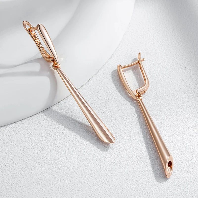 Graceful Rose Gold Tapered Long Dangle Earrings - High-Quality Glossy Jewelry