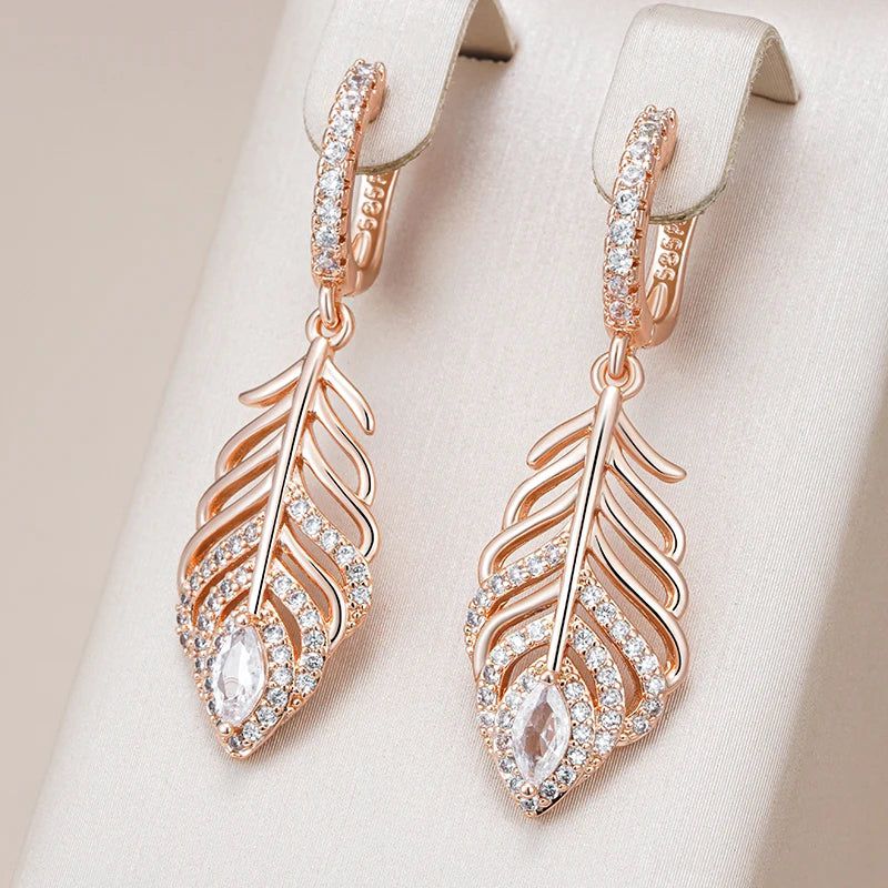 Graceful Rose Gold Vintage Drop Earrings with Natural Zircon and Crystal Leaf Design