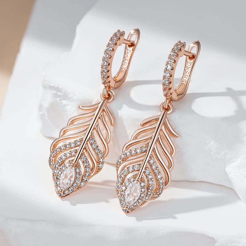 Graceful Rose Gold Vintage Drop Earrings with Natural Zircon and Crystal Leaf Design