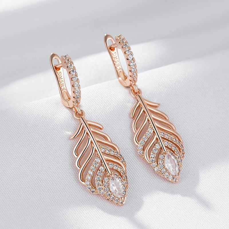 Graceful Rose Gold Vintage Drop Earrings with Natural Zircon and Crystal Leaf Design