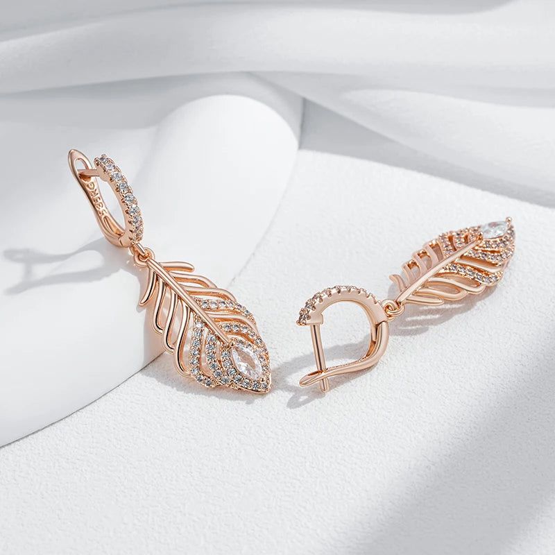 Graceful Rose Gold Vintage Drop Earrings with Natural Zircon and Crystal Leaf Design