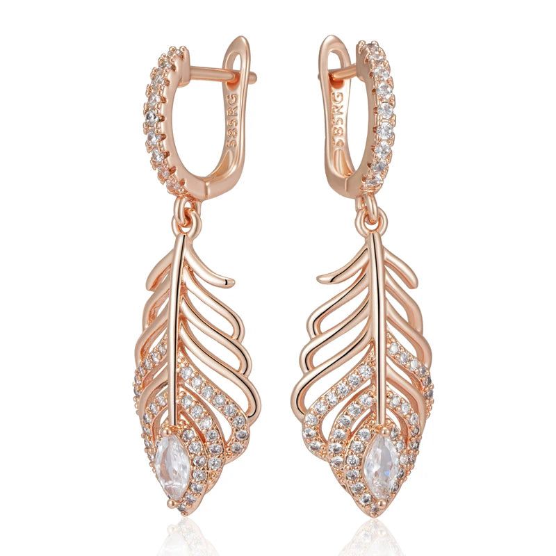 Graceful Rose Gold Vintage Drop Earrings with Natural Zircon and Crystal Leaf Design