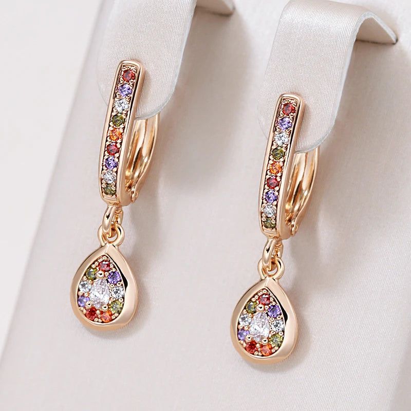 Graceful Rose Gold Water Drop Dangle Earrings with Colorful Natural Zircon