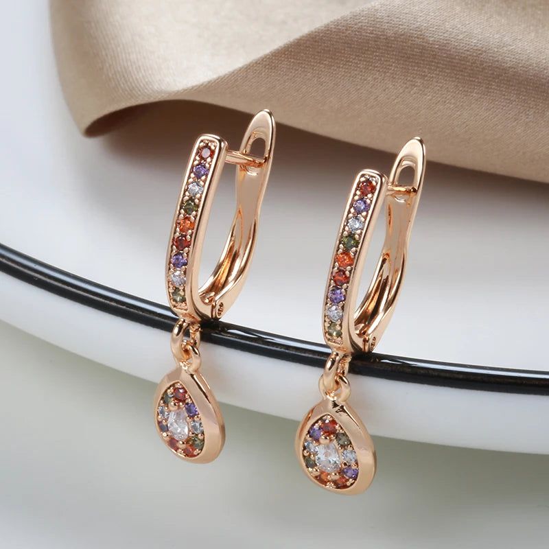 Graceful Rose Gold Water Drop Dangle Earrings with Colorful Natural Zircon