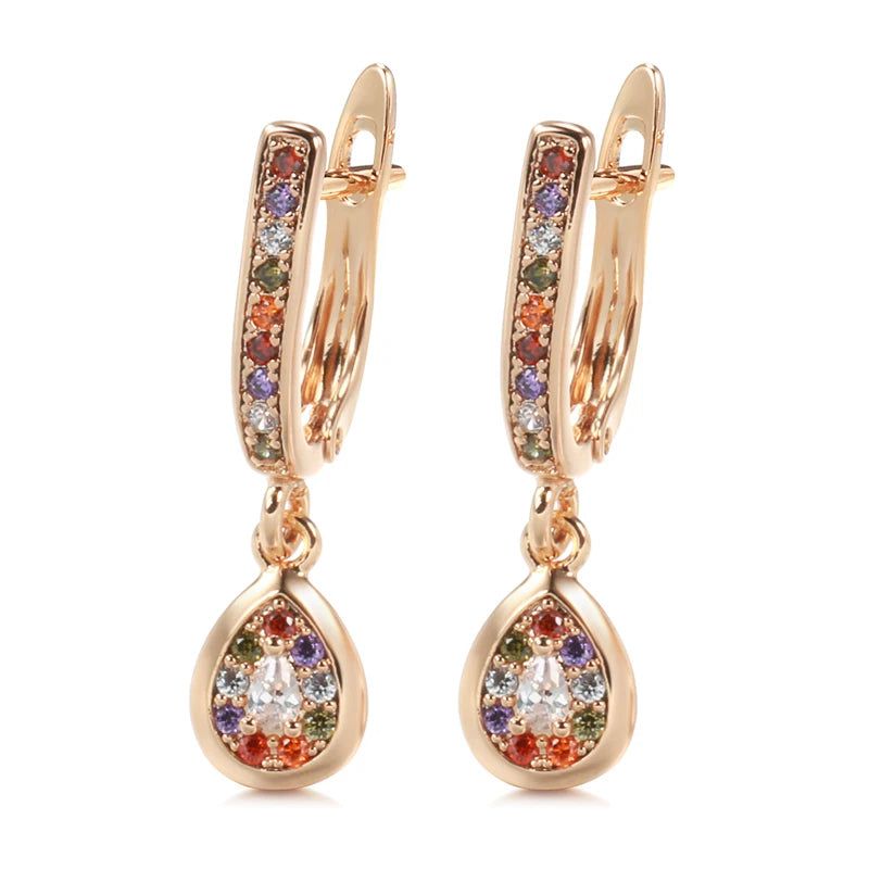 Graceful Rose Gold Water Drop Dangle Earrings with Colorful Natural Zircon