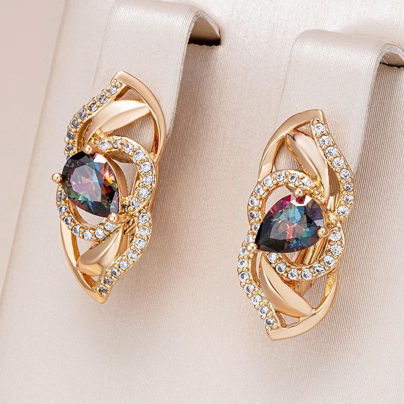 Graceful Rose Gold Water Drop Earrings with Colorful Natural Zircon