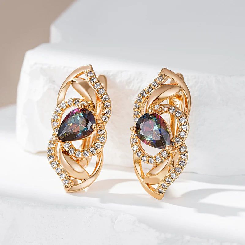 Graceful Rose Gold Water Drop Earrings with Colorful Natural Zircon