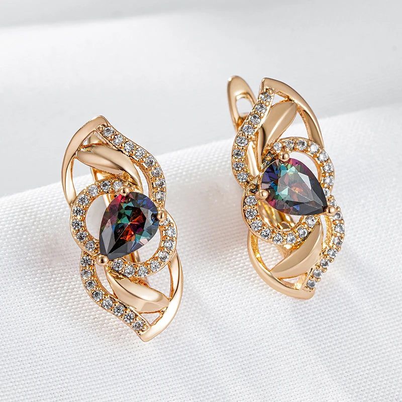 Graceful Rose Gold Water Drop Earrings with Colorful Natural Zircon