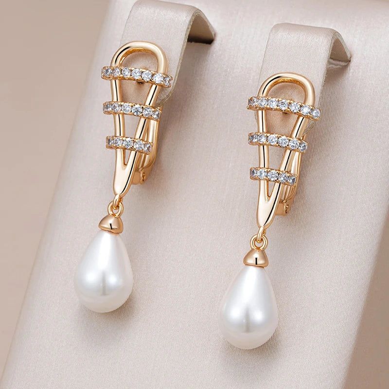 Graceful Rose Gold Water Drop Pearl Earrings with Natural Zircon Accents