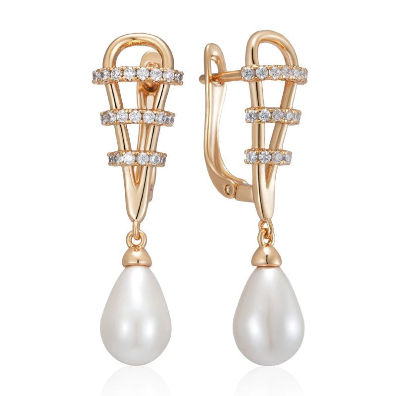 Graceful Rose Gold Water Drop Pearl Earrings with Natural Zircon Accents