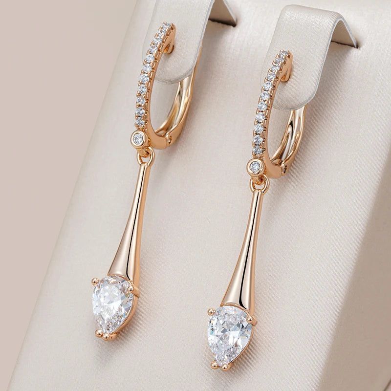 Graceful Rose Gold Water Drop Zircon Long Dangle Earrings - Premium Quality Jewelry