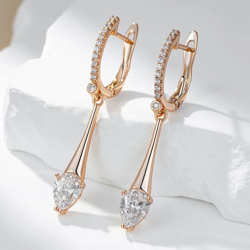 Graceful Rose Gold Water Drop Zircon Long Dangle Earrings - Premium Quality Jewelry