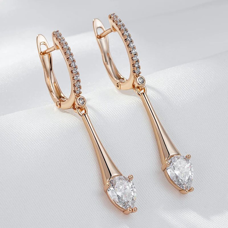 Graceful Rose Gold Water Drop Zircon Long Dangle Earrings - Premium Quality Jewelry