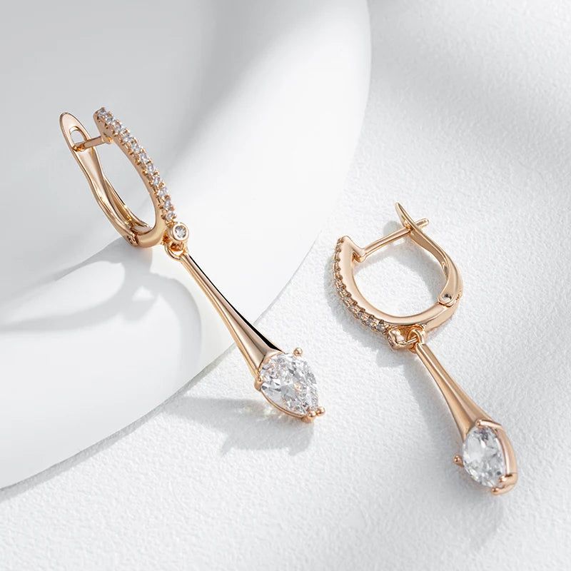 Graceful Rose Gold Water Drop Zircon Long Dangle Earrings - Premium Quality Jewelry