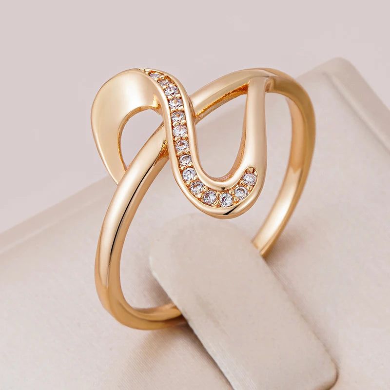 Graceful Rose Gold Wave Ring with Natural White Zircon and Crystal Accents