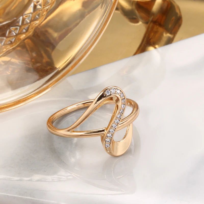 Graceful Rose Gold Wave Ring with Natural White Zircon and Crystal Accents