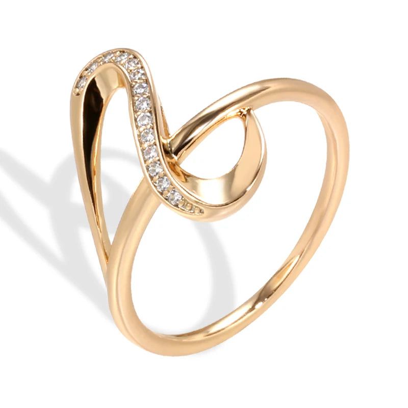 Graceful Rose Gold Wave Ring with Natural White Zircon and Crystal Accents