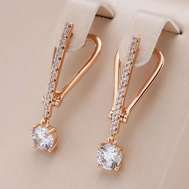 Graceful Rose Gold Zircon Drop Earrings with Geometric Design - Romantic Crystal Jewelry