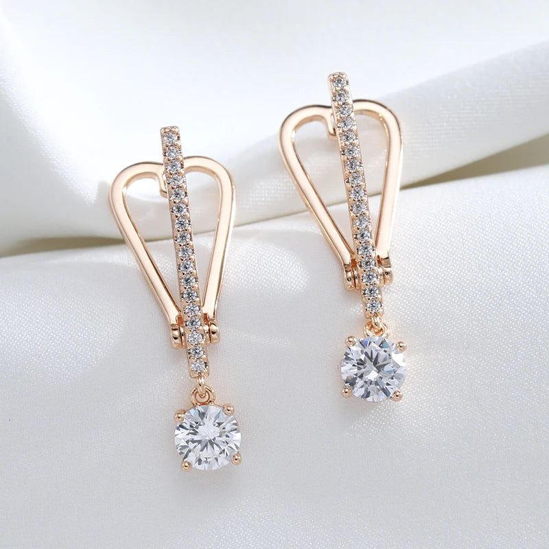 Graceful Rose Gold Zircon Drop Earrings with Geometric Design - Romantic Crystal Jewelry