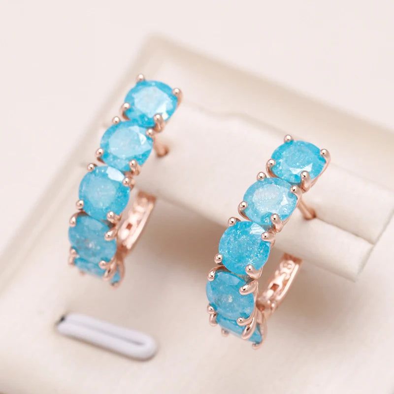 Graceful Round Blue Zircon Drop Earrings in Luxurious 585 Rose Gold Finish