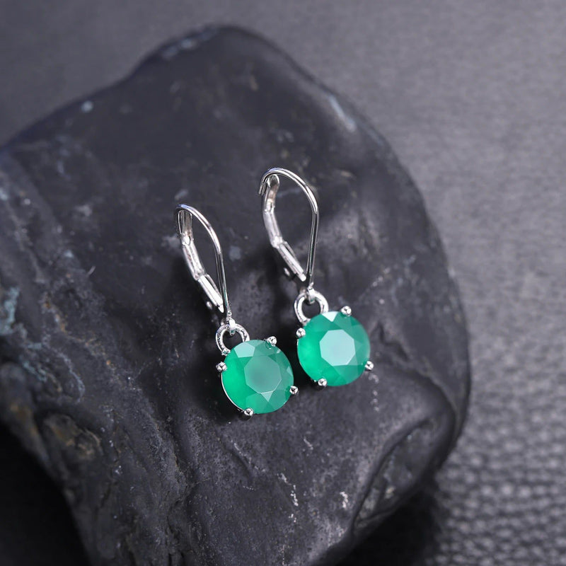 Green Onyx Earrings Natural Emerald Green Agate White Gold Plated 925 Sterling Silver Leverback Dangle Earrings