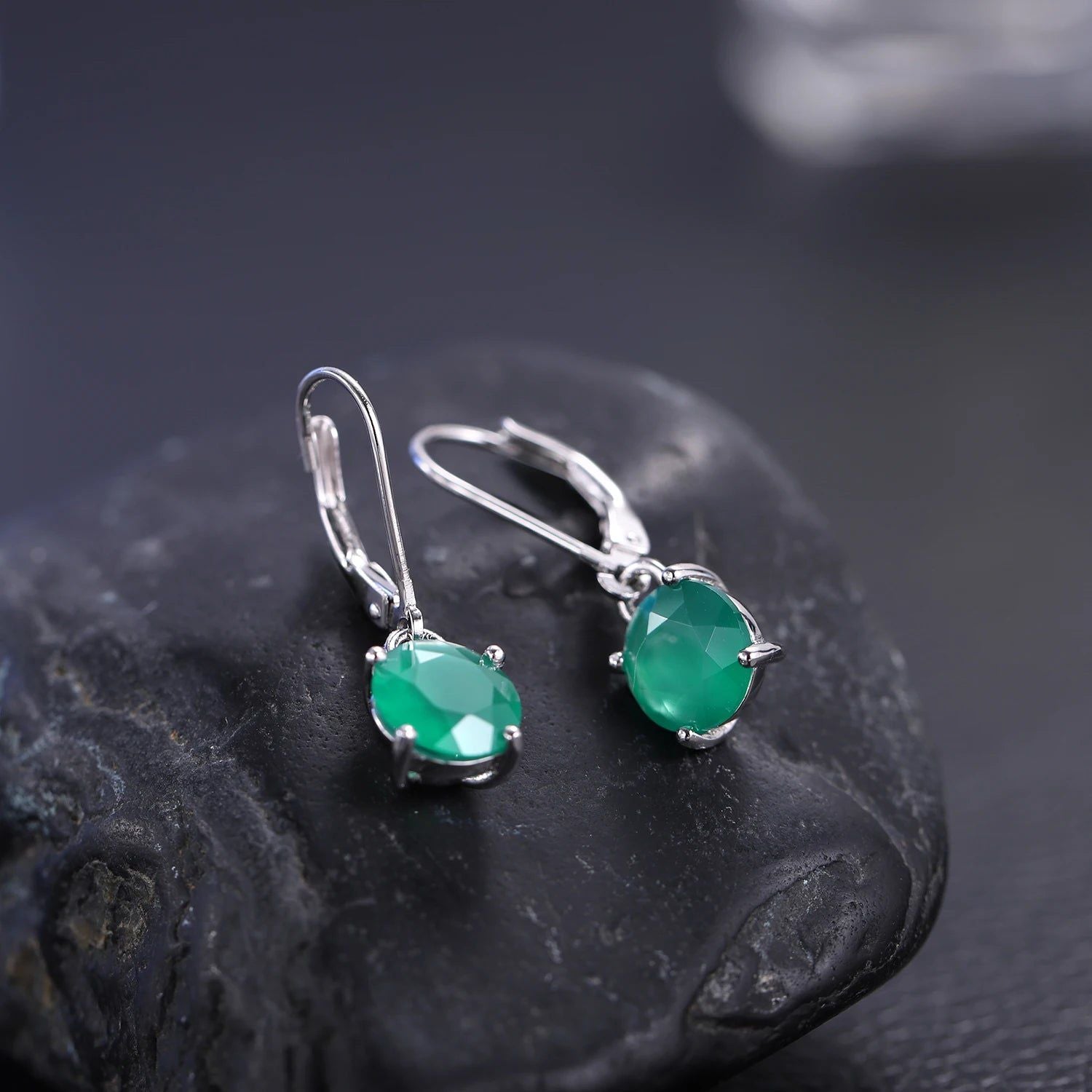 Green Onyx Earrings Natural Emerald Green Agate White Gold Plated 925 Sterling Silver Leverback Dangle Earrings