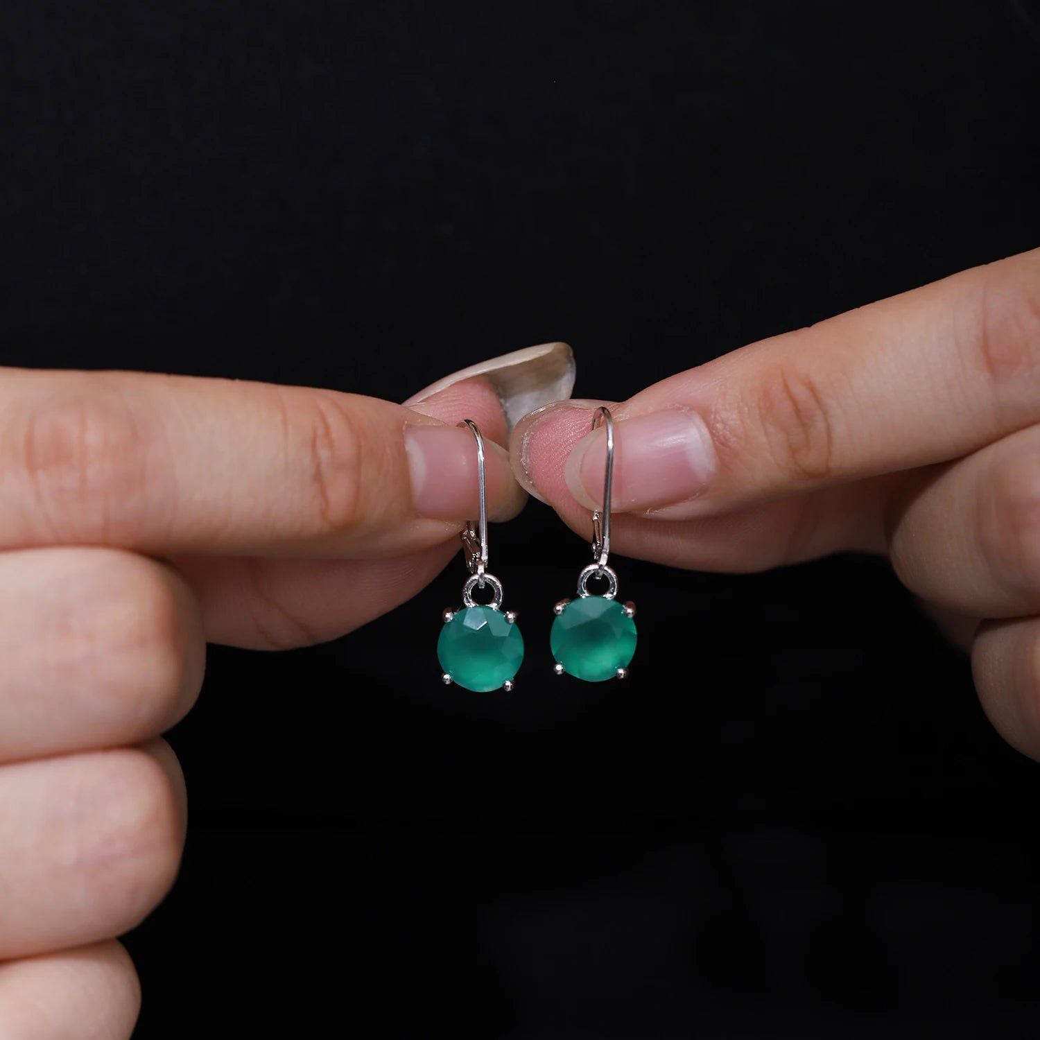 Green Onyx Earrings Natural Emerald Green Agate White Gold Plated 925 Sterling Silver Leverback Dangle Earrings