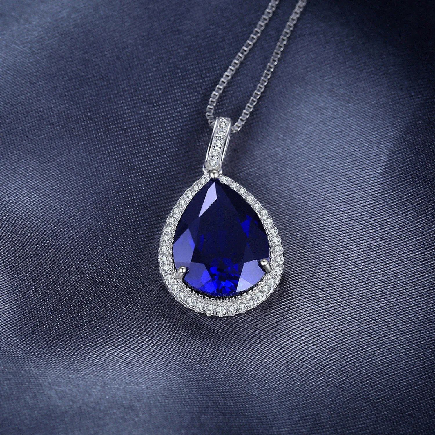 12ct Created Blue Sapphire Pendant in 925 Sterling Silver - Sophisticated Gemstone Choker (Chain Not Included)