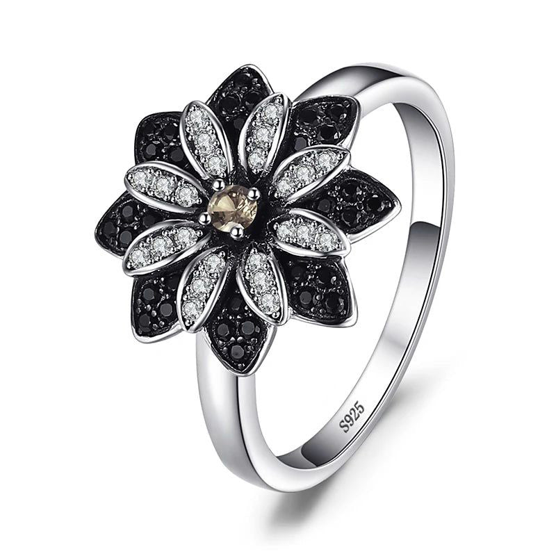 Floral Elegance Smoky Quartz and Black Spinel 925 Sterling Silver Ring