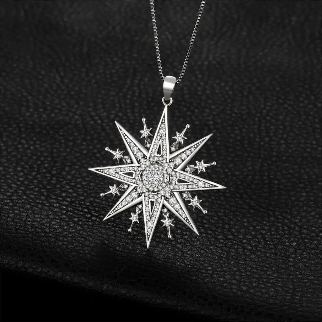 Vintage Gothic North Star 925 Sterling Silver Pendant with Cubic Zirconia - Statement Piece (No Chain)