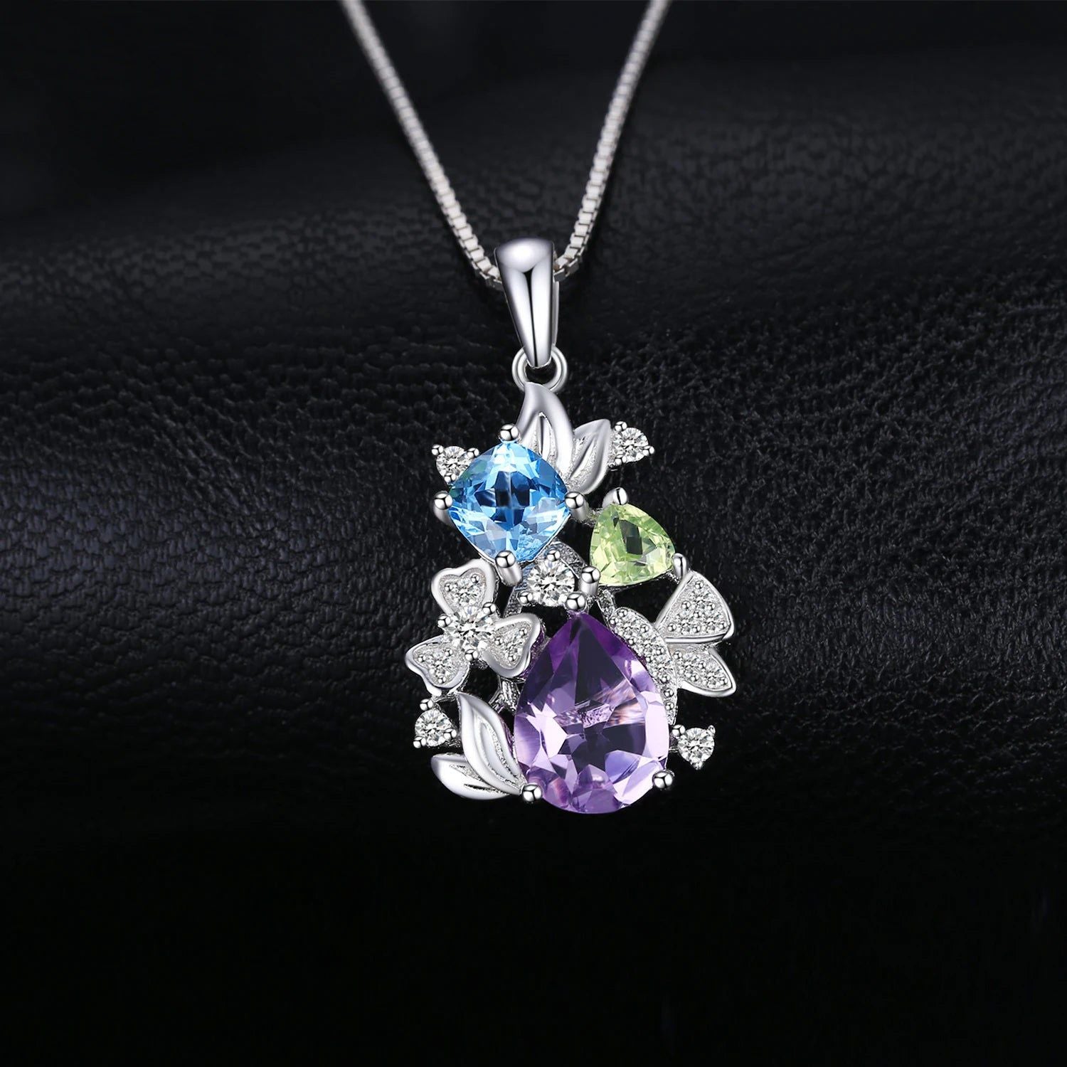 Floral Gemstone Pendant: Natural Amethyst, Blue Topaz, Peridot & Chrome Diopside in 925 Sterling Silver