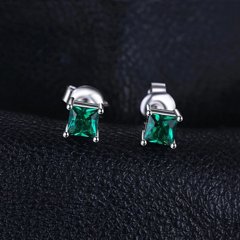 Elegant Square Nano Green Emerald Sterling Silver Stud Earrings