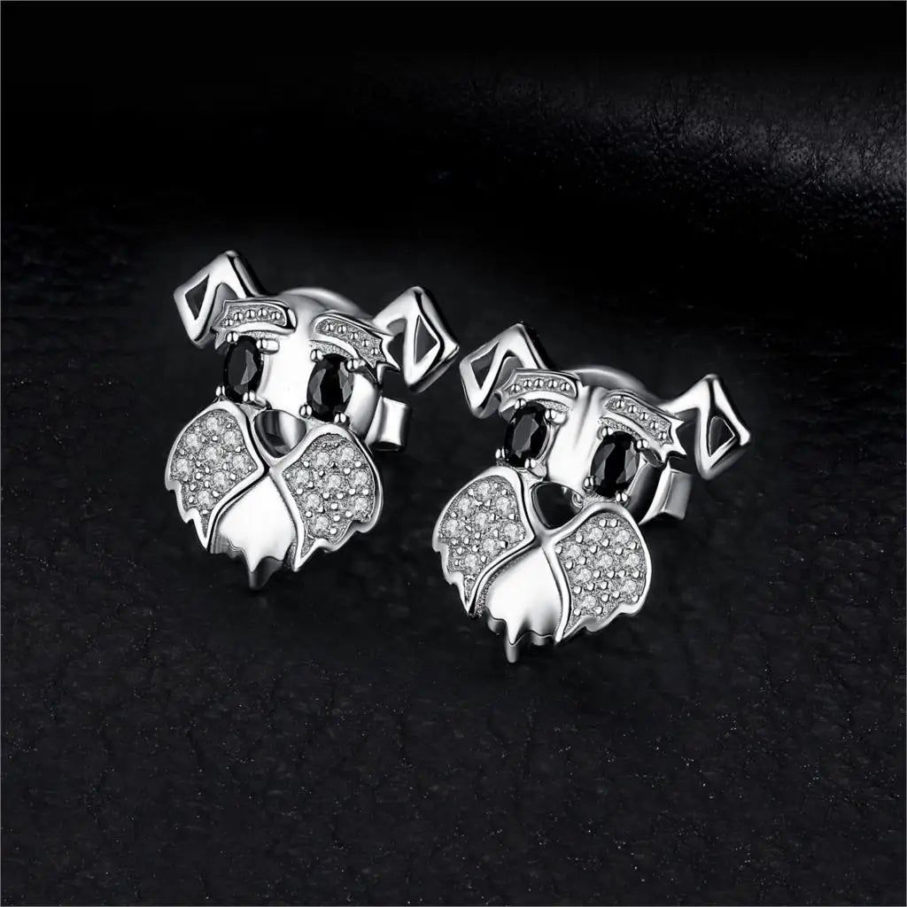 Adorable Schnauzer Design 925 Sterling Silver Black Spinel Stud Earrings