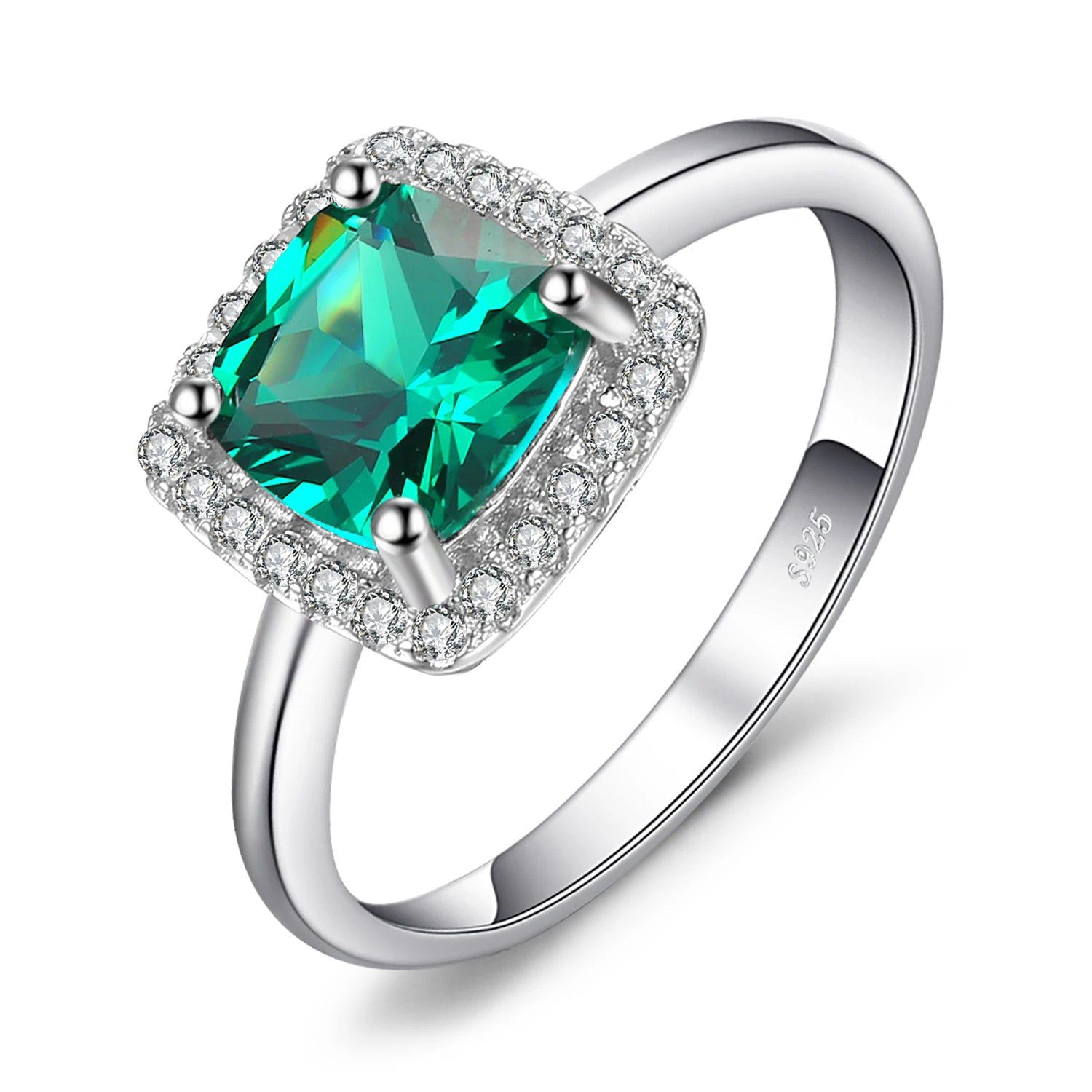 Simulated Nano Emerald Halo Ring in 925 Sterling Silver - Sophisticated Statement Jewelry